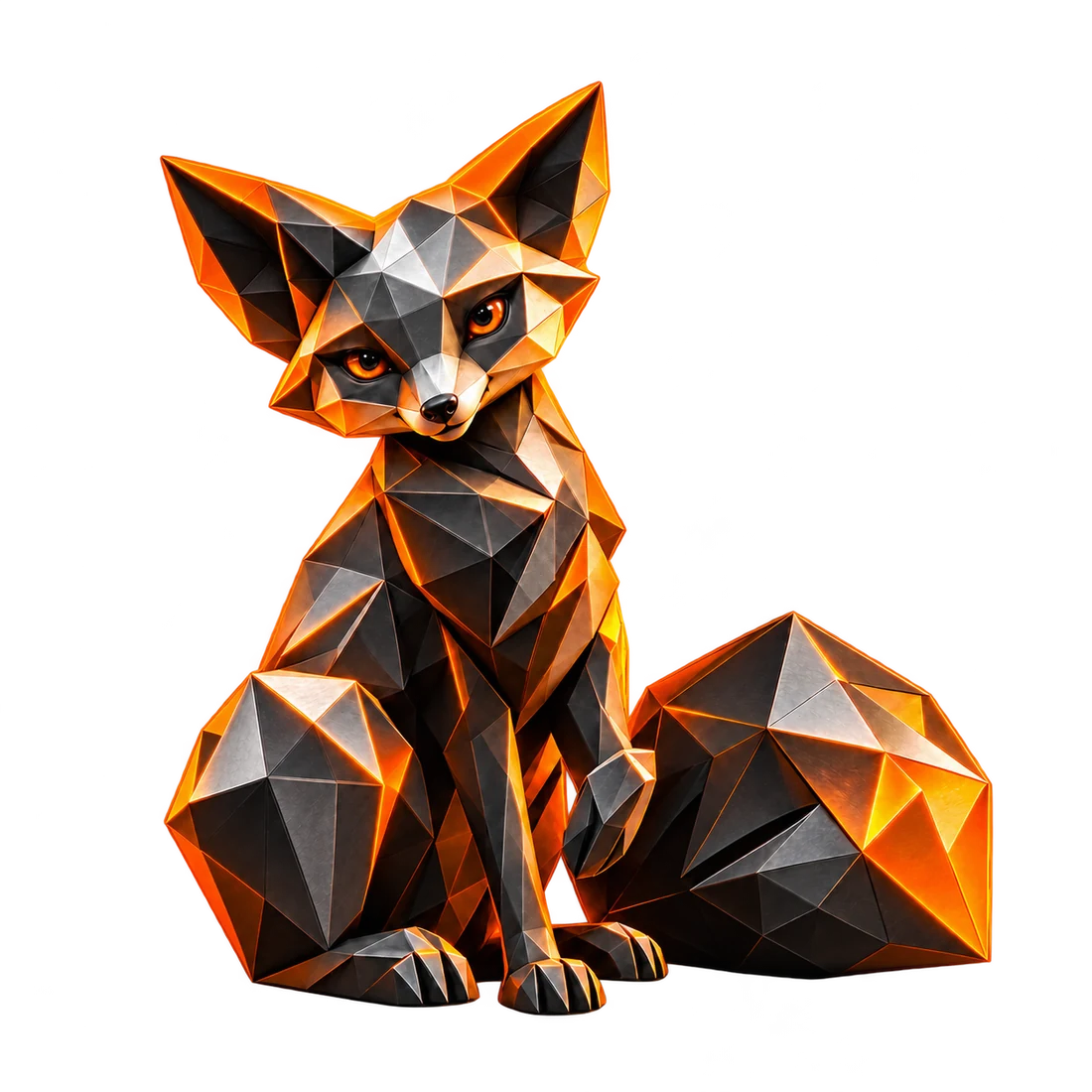 Ein skulpturaler Fuchs aus graphitfarbenen und orangefarbenen Facetten.