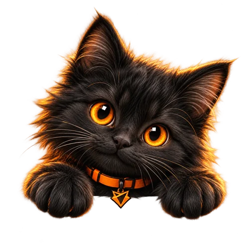 Pixel, ein flauschiges schwarzes Kätzchen mit orangefarbenem Halsband und CHIC-IDEA-Zeichen.